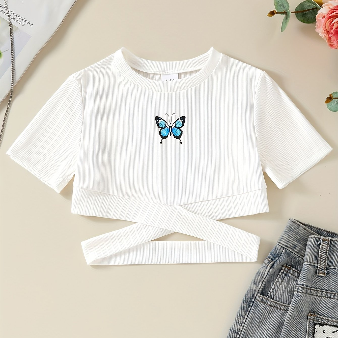Girls' Short Round Neck Tight Cross-halter Short Sleeve T-shirt, Casual T-shirt