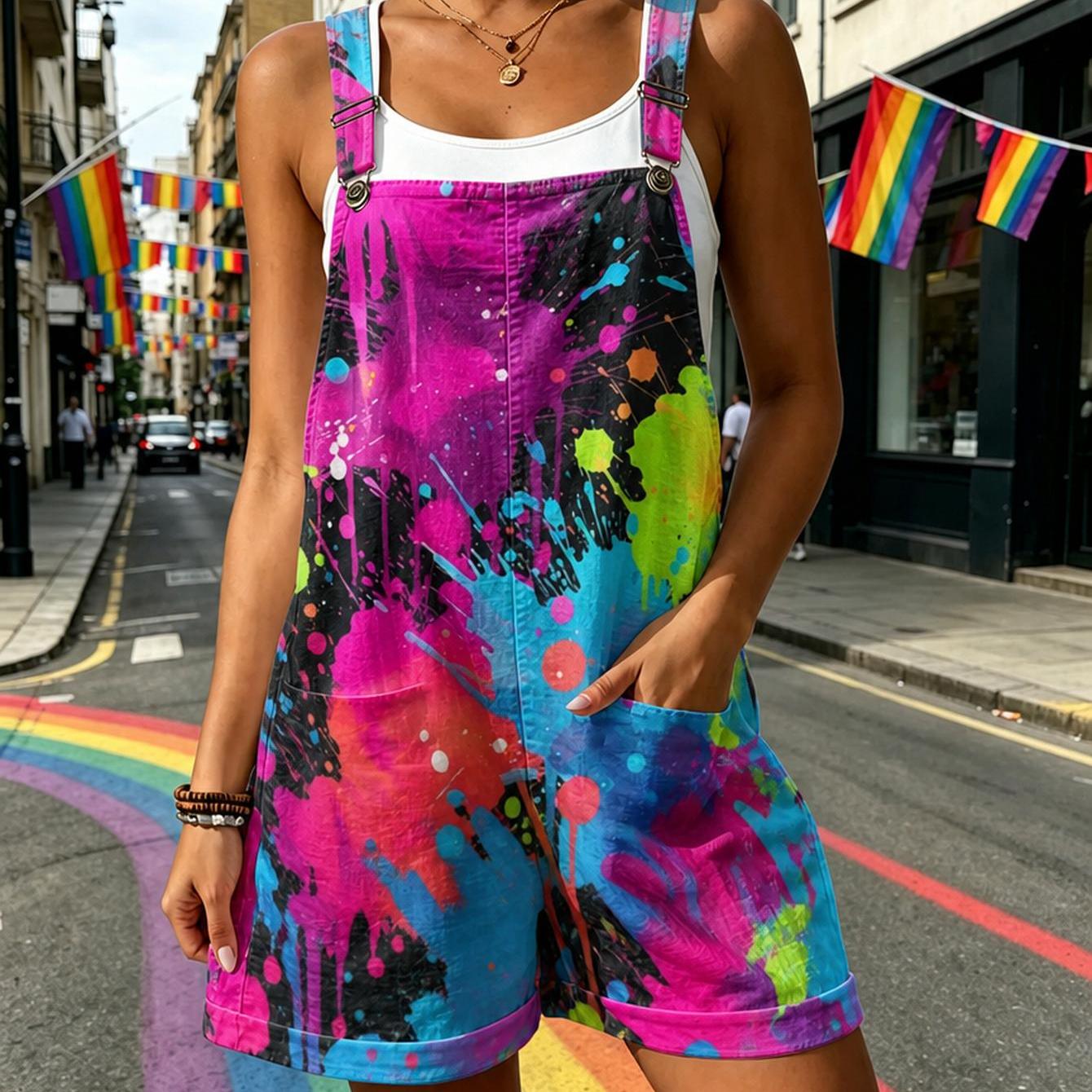 TEMU Plus Size Women's Colorful Paint Splatter Full Print Short Overalls, Vibrant Streetwear Culotte Jumpsuit With Padded Belt. Fits Spring, Summer &