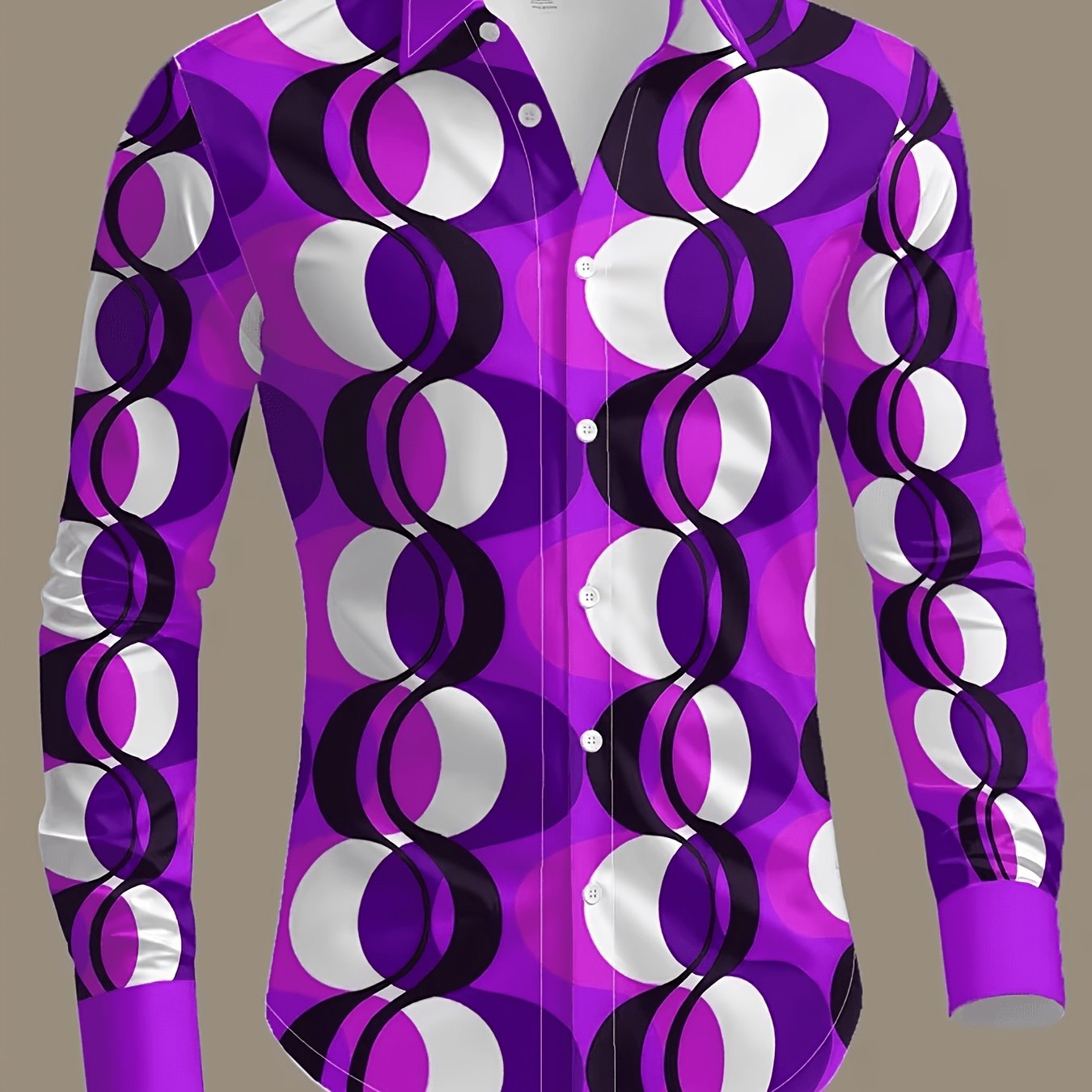 TEMU Men's 70s Disco Party Long-sleeve Shirt With Vibrant Geometric Circle - Showcasing Vintage Hippie And Bohemian Styles, Suitable For Casual
