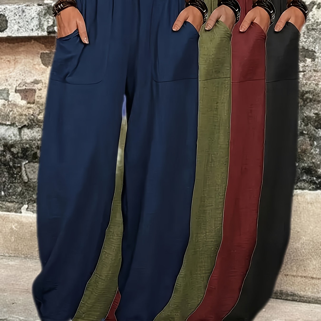 TEMU 4pcs Women's Casual Loose High Waist Pants With Pockets, Pants For Daily Wear, Casual, Work, Walking, Running, Beach, Vacation, Traveling