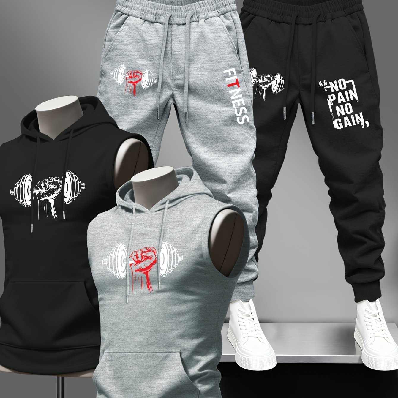 TEMU 4pcs Men's No Gym Suit Hooded Vest & Joggers Tracksuit - Summer Workout Outfit With Motivational Slogan Print, Pocketed Athletic Wear, Machine