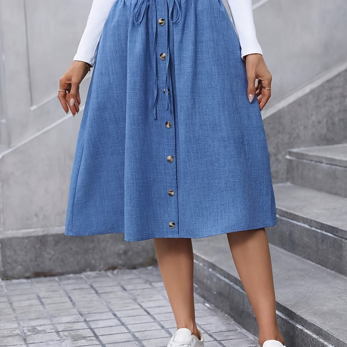 TEMU Women's Elegant High-waisted Flared Skirt - Solid Color 100% Polyester, Machine Washable, Spring Summer Fall Versatile Casual To Formal Wear