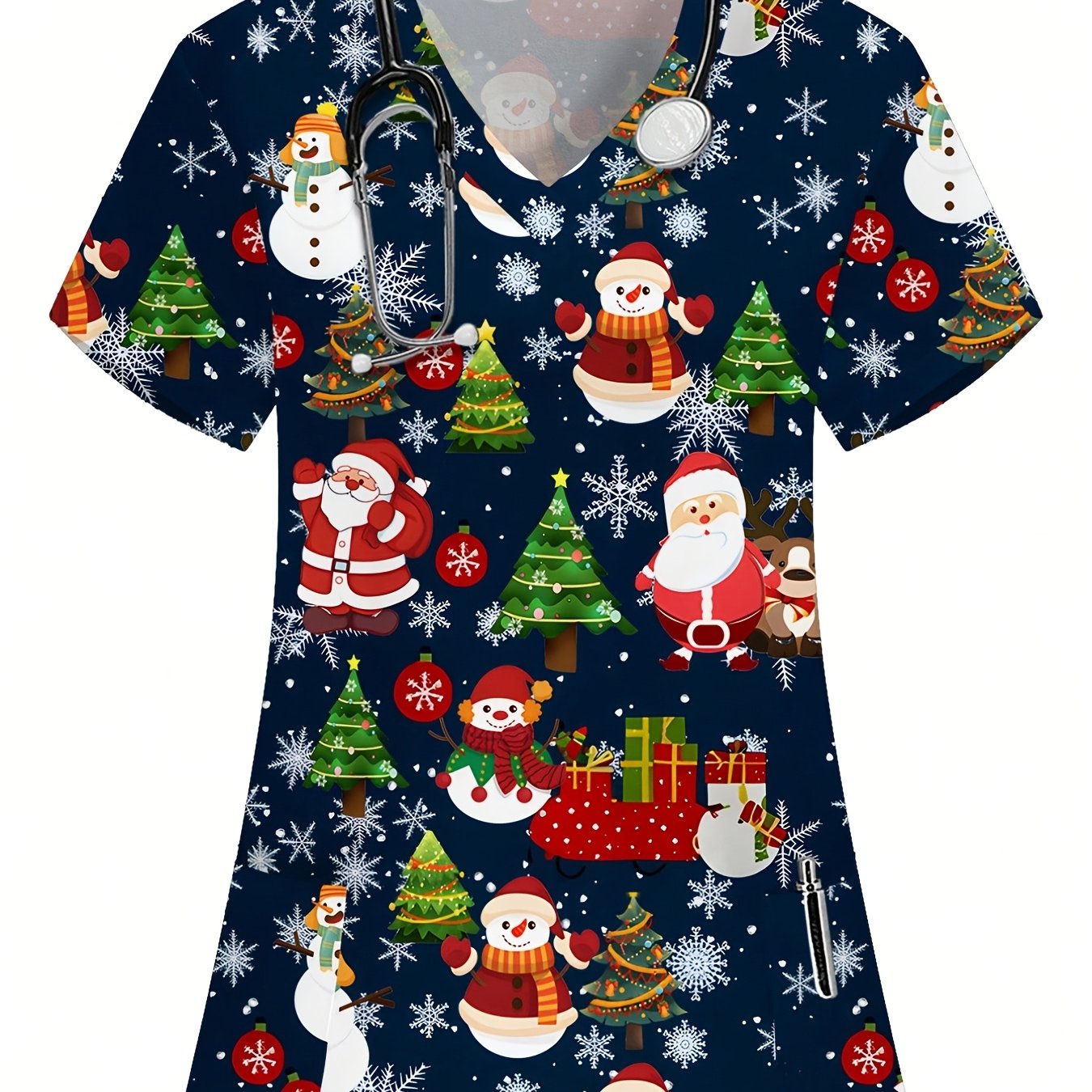 TEMU 2d V-neck T-shirt Top, Christmas Theme With Peanut Design And Pocket, Comfortable And Elastic Fabric, Short Sleeve Workwear, Unique Pattern