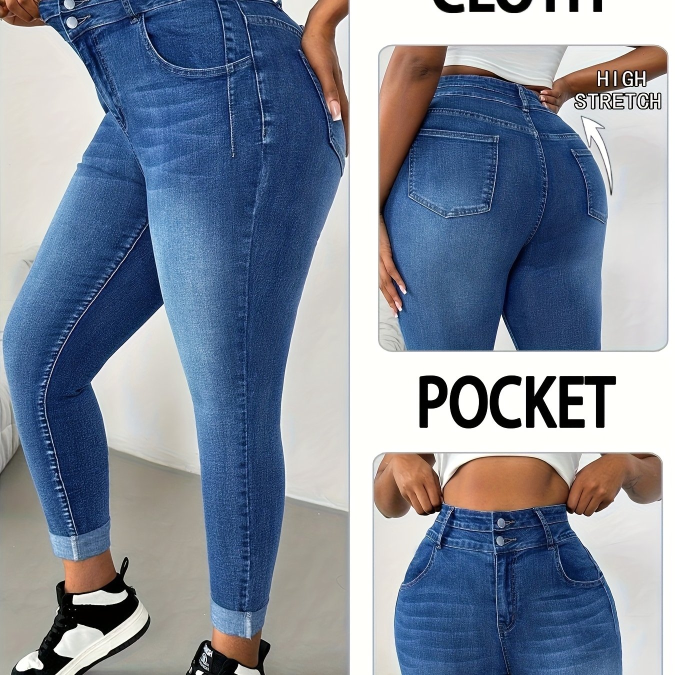 Women's Plus Size High Waist Blue Skinny Cropped Denim Jeans, High Stretch Curve Hem Jeans, Women's Denim Jeans And Clothing