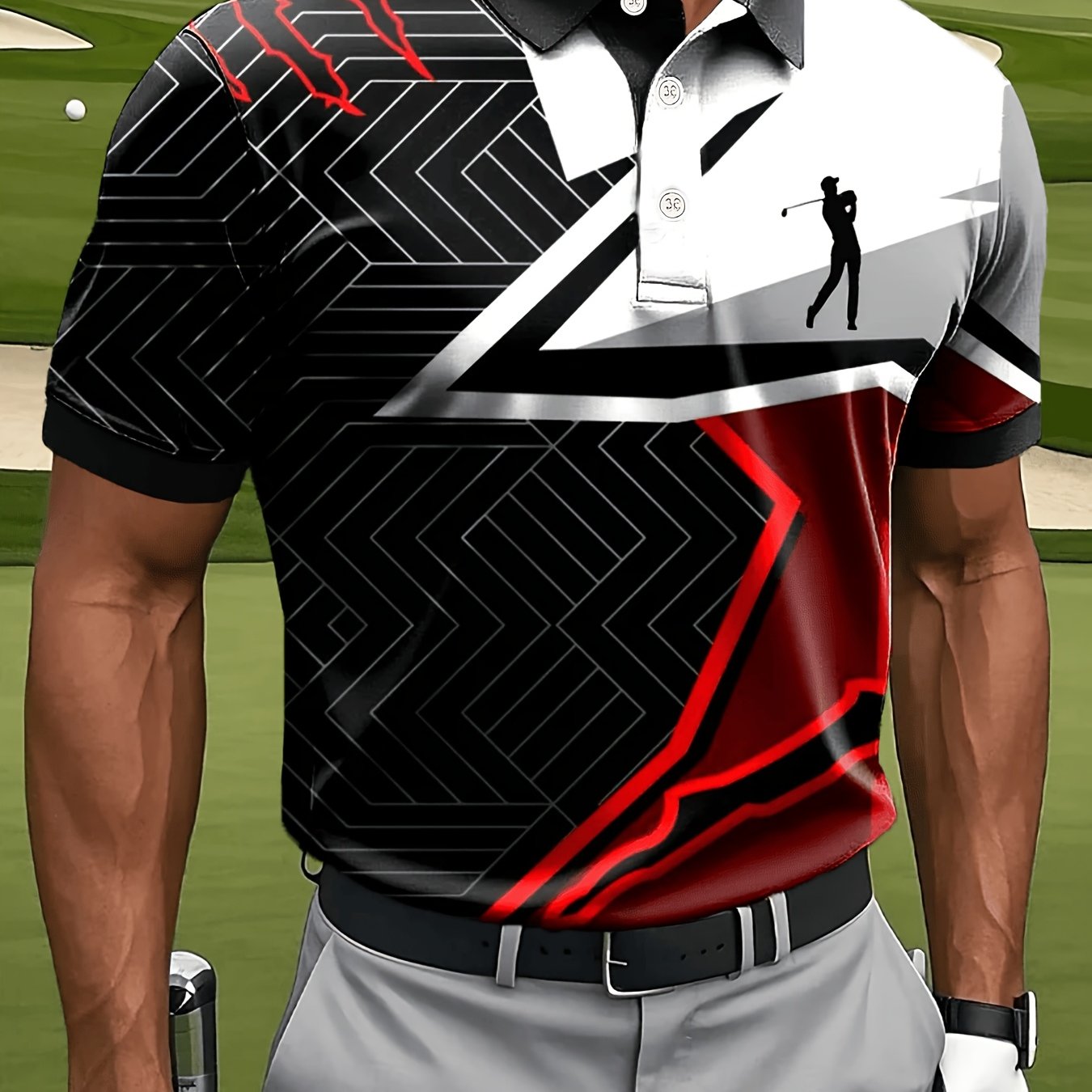 TEMU Print Design – Not Textured Men's Casual Athletic Short Sleeve Golf Shirt, Geometric Stripe And Golf Pattern Print, Polyester Fabric Machine