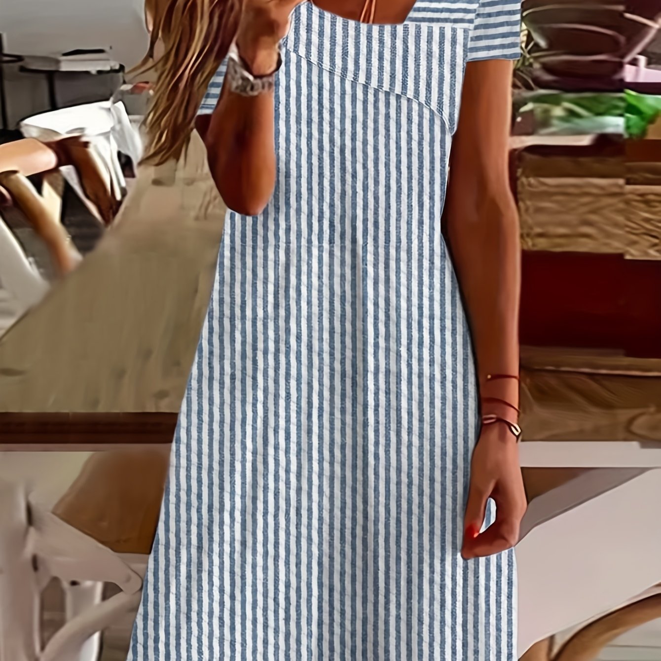 E-shop Damens Casual Kleid mit Kurzarm und Zufälligem Streifenmuster