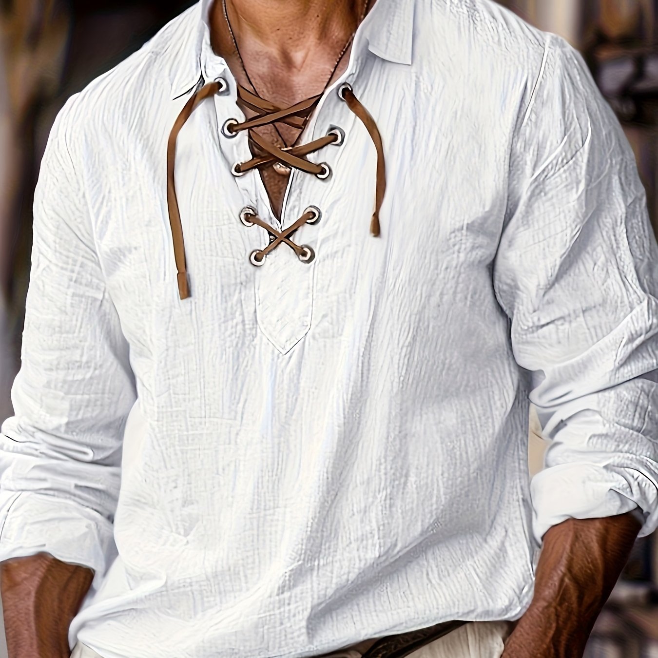 Image of Plus-size Men's Casual Solid Color Lapel Long-sleeve Shirt With Tie, Plus Size, Autumn Menswear