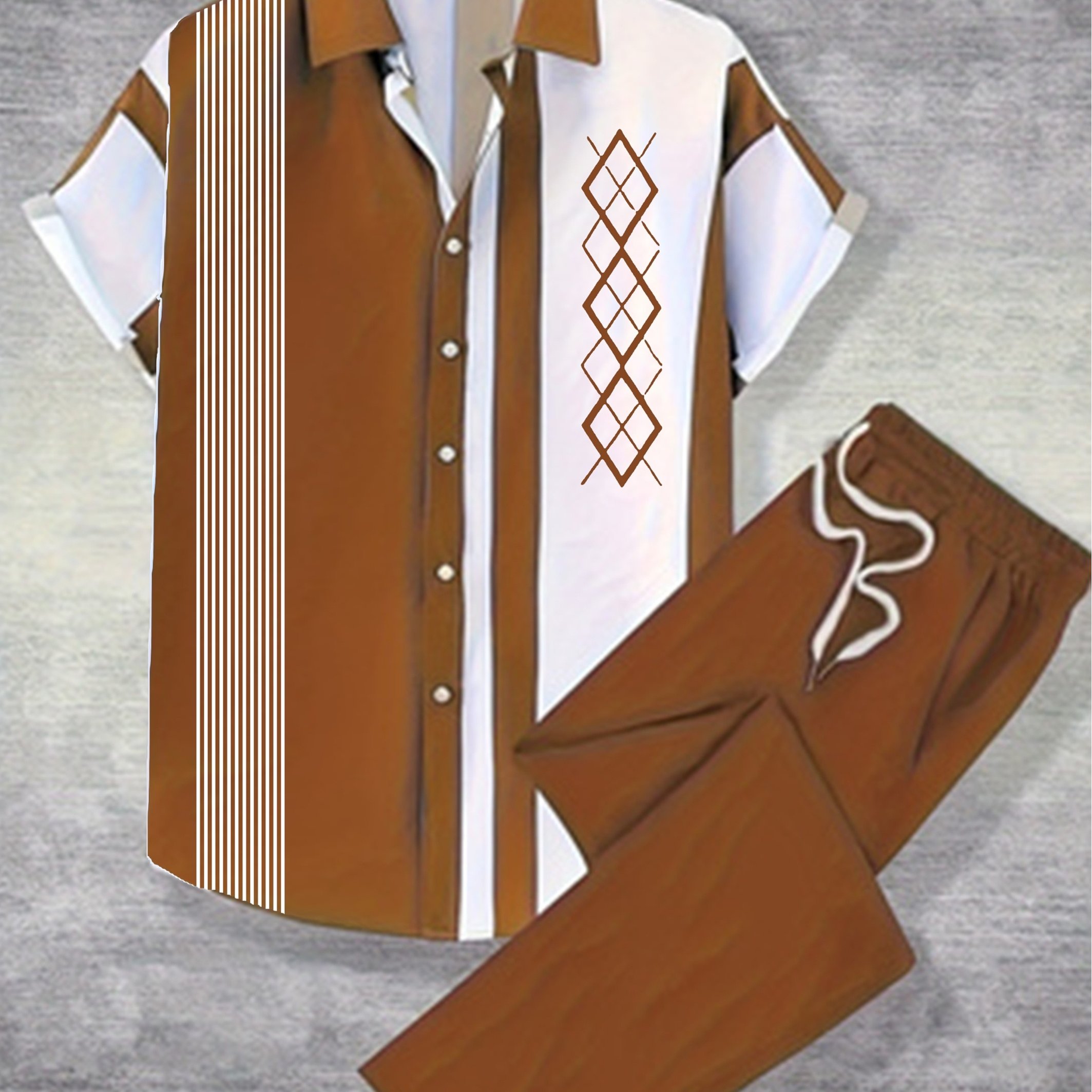 Image of Men's 2pcs Hawaiian Style Short Sleeve Turn- Collar Shirt And Drawstring Long Pants, Button Shirt And Long Pants, Suitable For Summer Daily Wear And Vacation Destinations, Plus Size