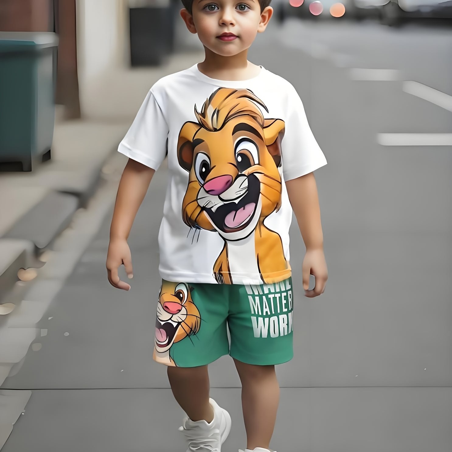 Image of 2pcs/set Boy Summer Set, Cute Lion T-shirt And Green Knitted Sports Shorts, Suitable For Daily , Outdoor, School, Vacation, As Gift, Perfect For Outdoor