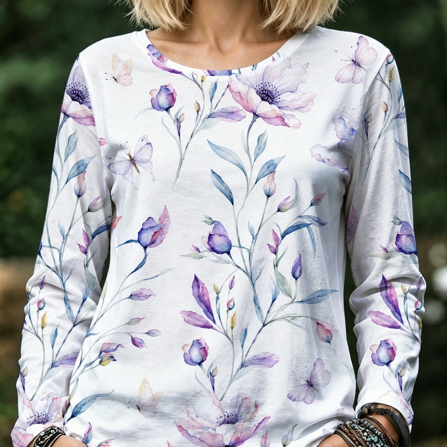 TEMU Plus Size - 2026 New Plus Size Long Sleeve T-shirt, Base With Light Purple Watercolor Peony And Light Branches Leaf Print, Stretchy Round Neck