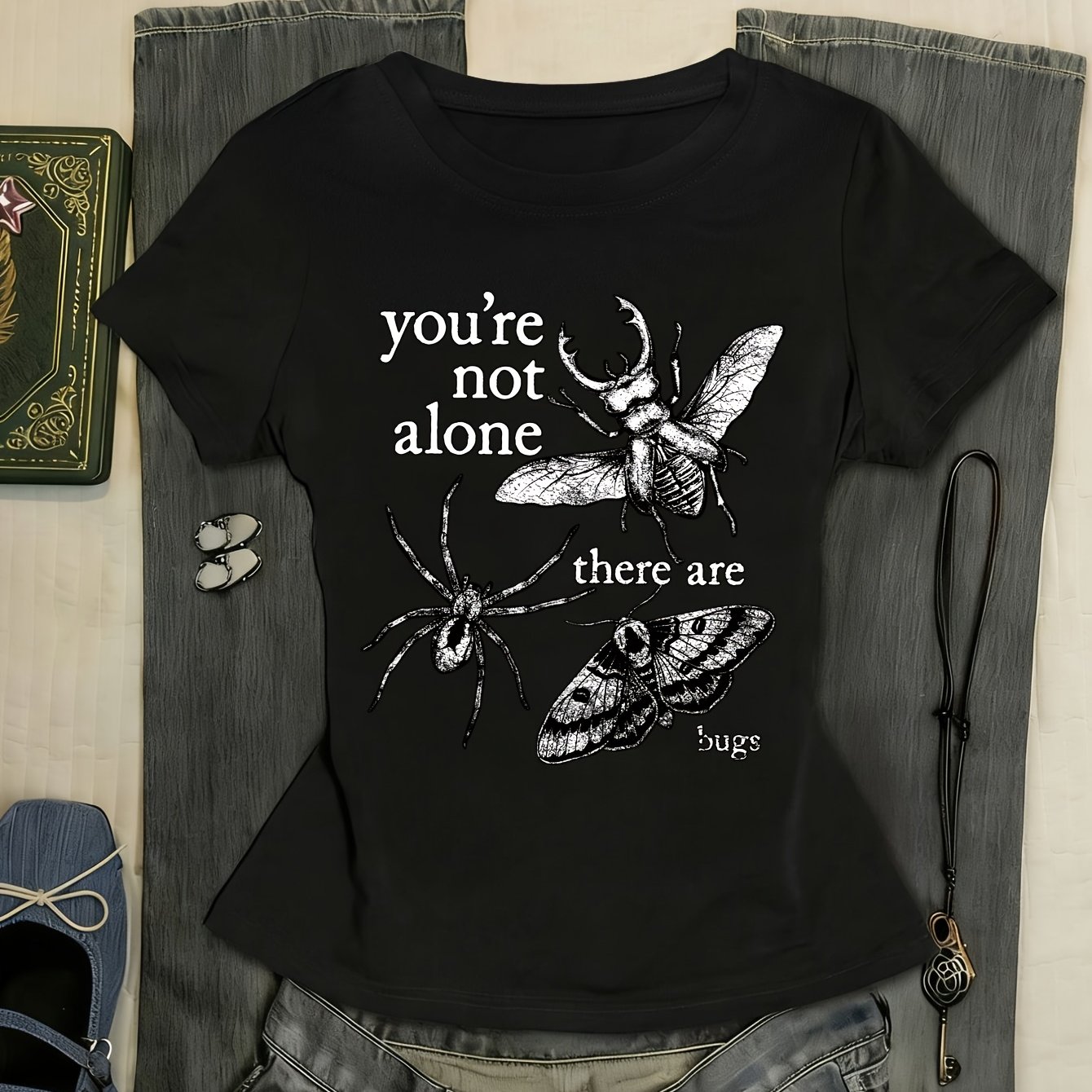 TEMU Women's Short-sleeve T-shirt - Y2k Retro Insect Print - Fun Gift For Insect Lovers, Entomology T-shirt, Trendy Printed T-shirt For Spring/summer