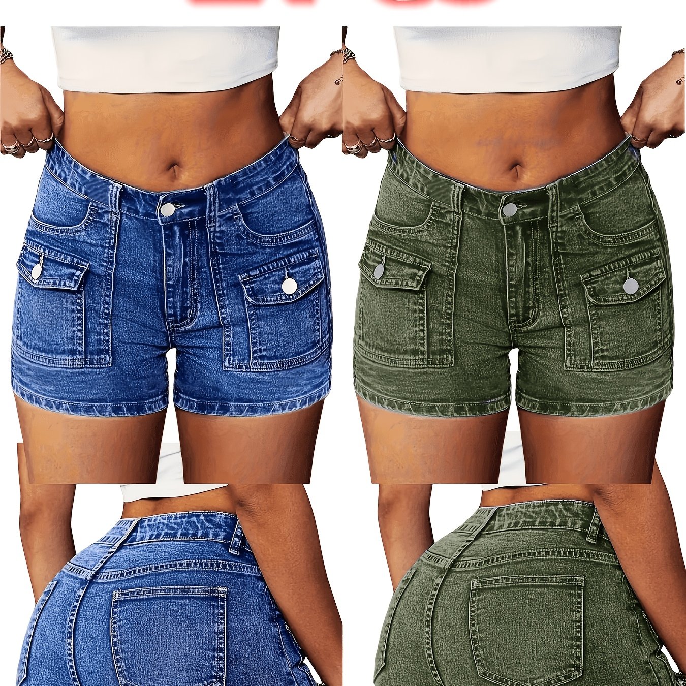 TEMU 2pcs Women's Stretch Denim Shorts With Cargo Pockets & Built-in Zipper - Mid--washable Durable Washed Denim Shorts Suitable For Fitness, Casual