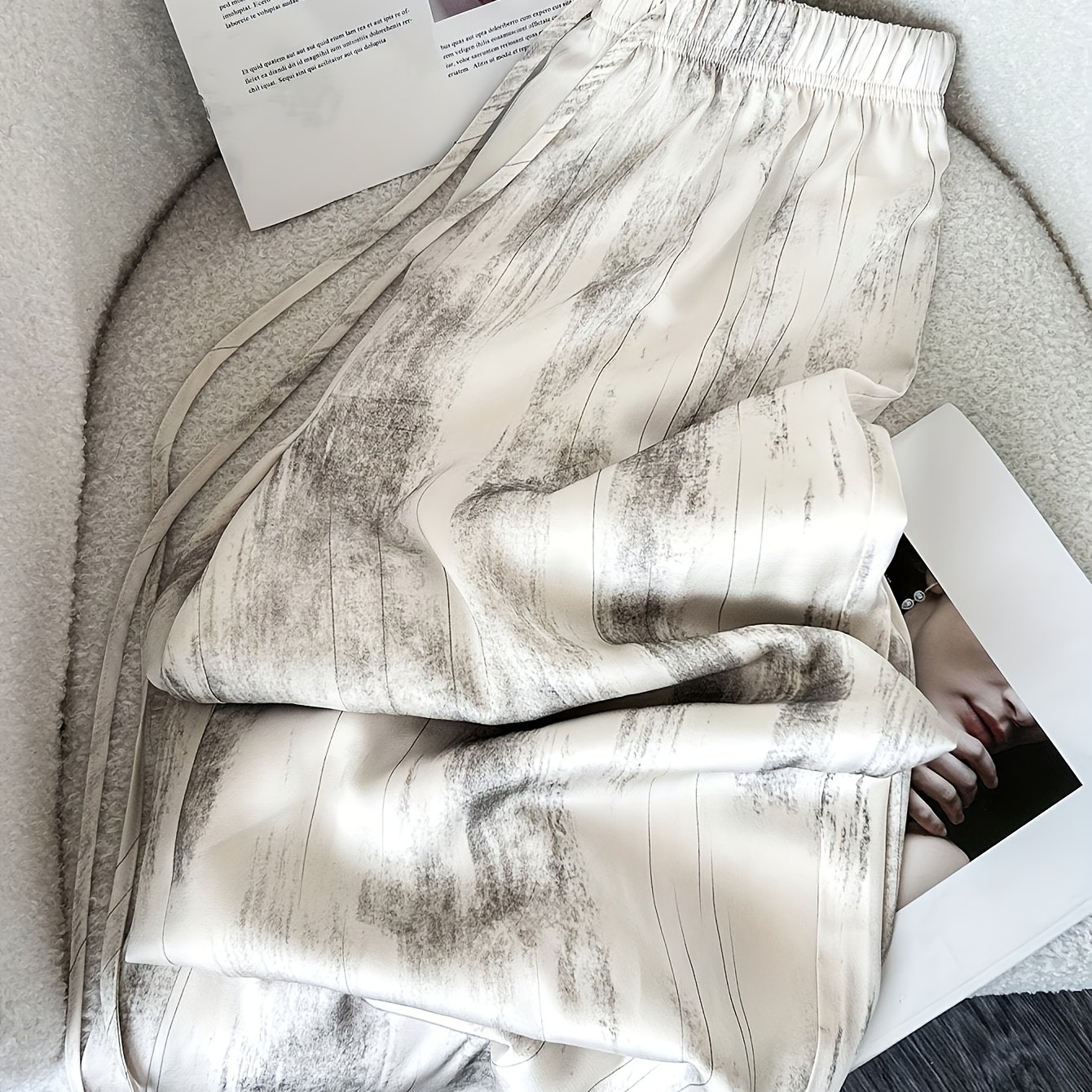 TEMU Elegant Striped Trousers, Fashionable Casual Comfortable Breathable Drape Wrinkle-free Elastic High-waist Loose Wide-leg Pants