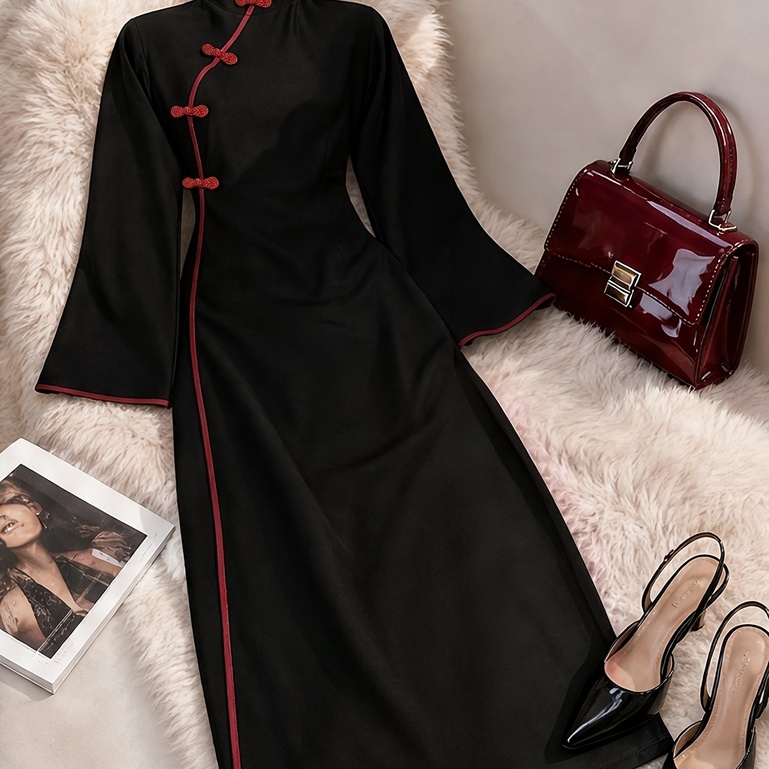 TEMU Robe longue évasée à manches bouffantes avec bordure contrastée et boutons de rétro style national, style chinois , Qipao modifié, taille