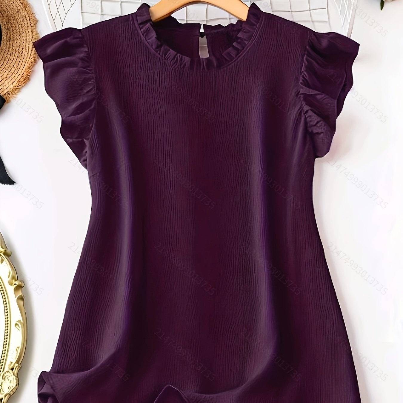 E-shop Frühlings-/Sommerliches neues plissiertes Spitzen-Top mit Rundhalsausschnitt und Flatterärmeln