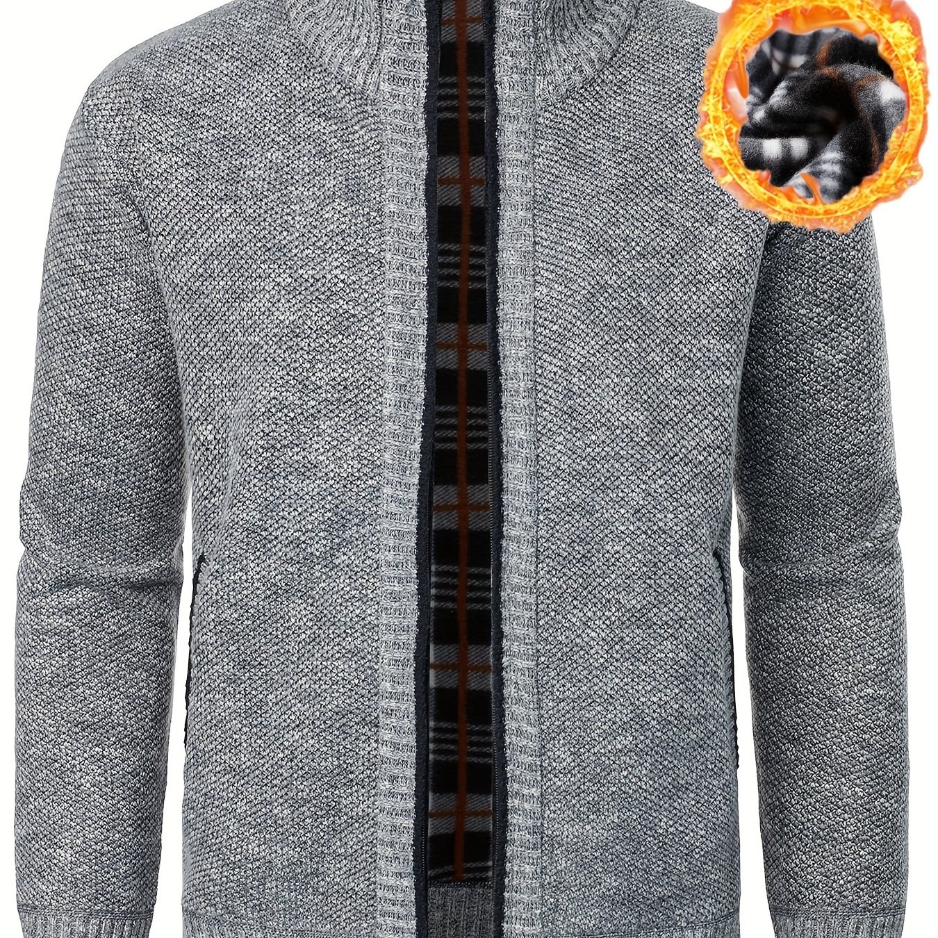 TEMU Men's Casual Zip-up Sweater With A Stand Collar, Made From Knitted Fabric, Featuring A Regular Fit With Elasticity, Solid And Winter Outerwear