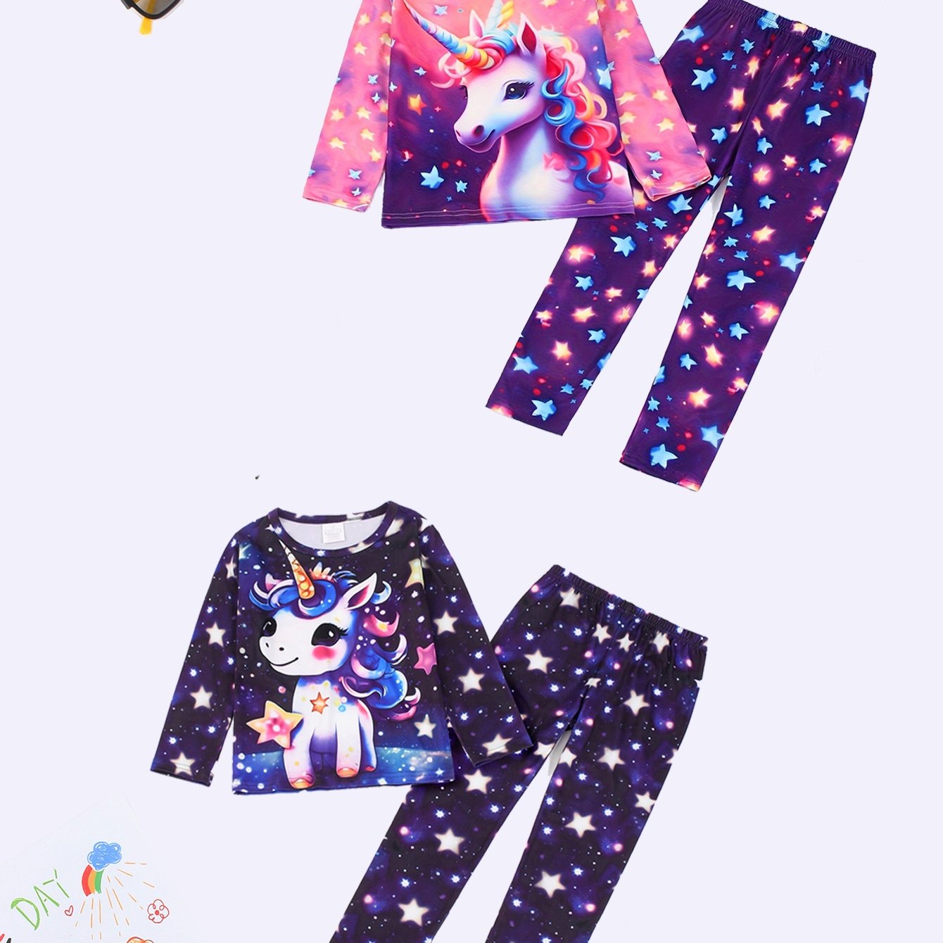 Image of Girls' Set Of 2 Unicorn Pony Digital Printing Flame Retardant Fabric Homewear Pajama Set 1615 Flame Retardant Soft Comfortable