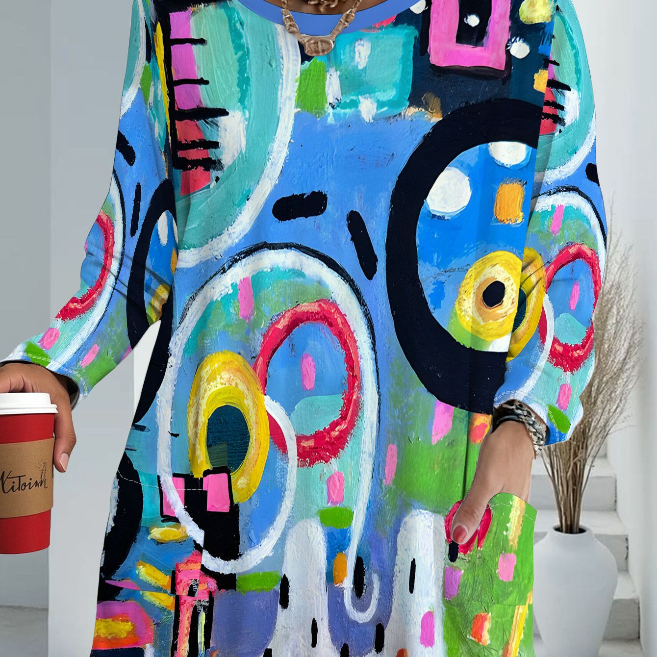 TEMU Women's Oversized Full-body Abstract Print Long Sleeve T-shirt With Pockets - Plus Size Casual Loose Fit Blouse, Spring Summer Fall Wardrobe