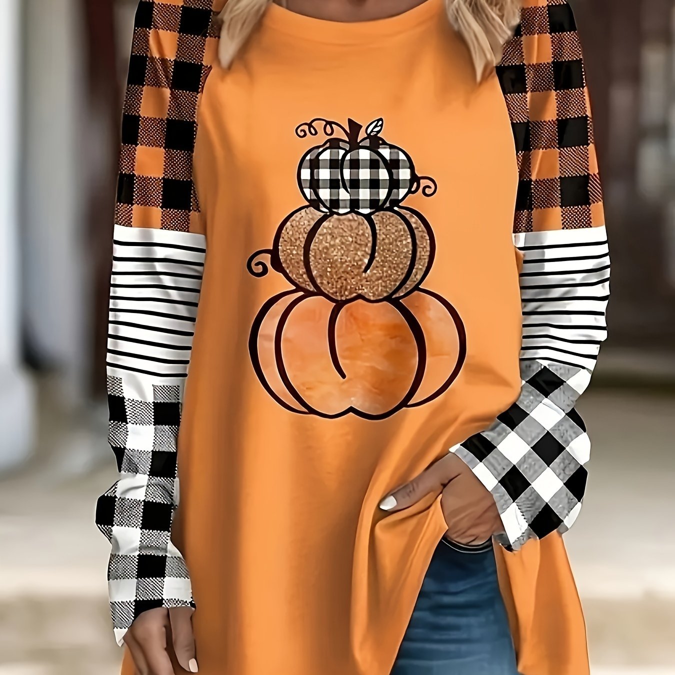 TEMU Plus Size, Women's Plus-size Pumpkin Print T-shirt - Full-body Fall , Round Neck Long Sleeve Suitable For Spring/autumn Casual Wear, Machine
