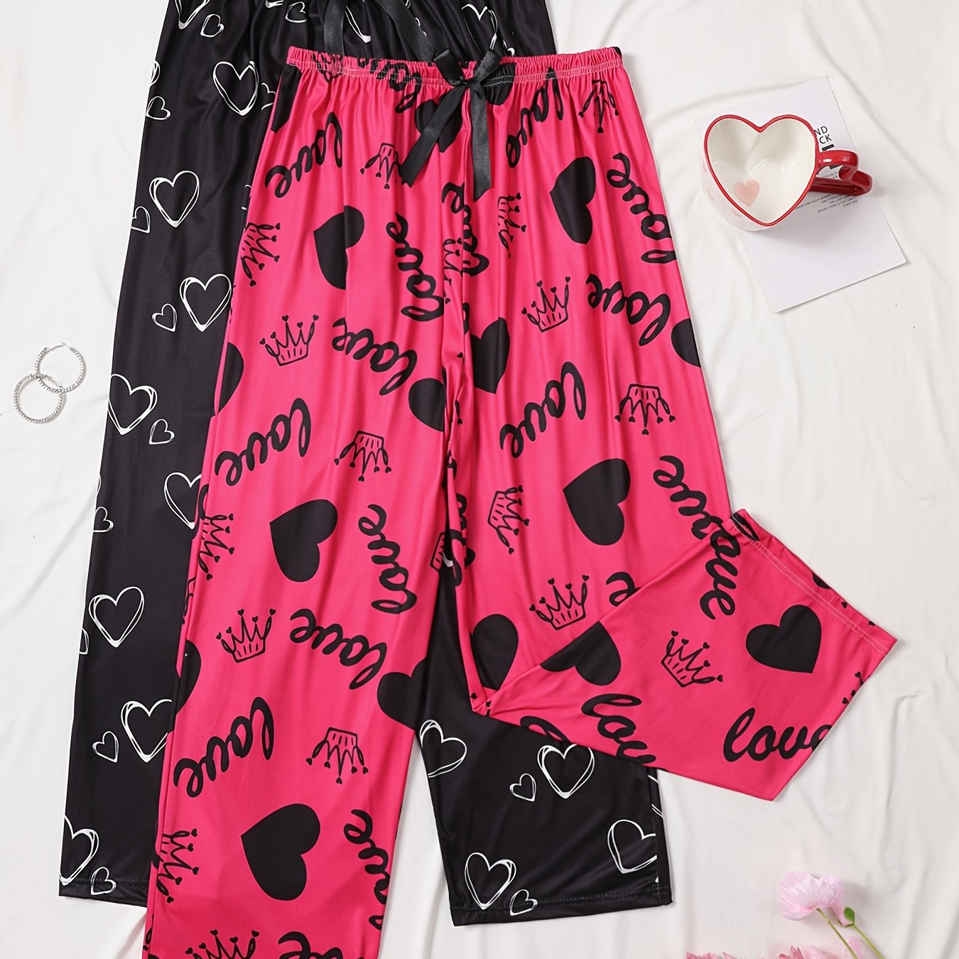 2pcs Pants, Full Black Heart And Heart Prints, Casual Stretch Home Pants