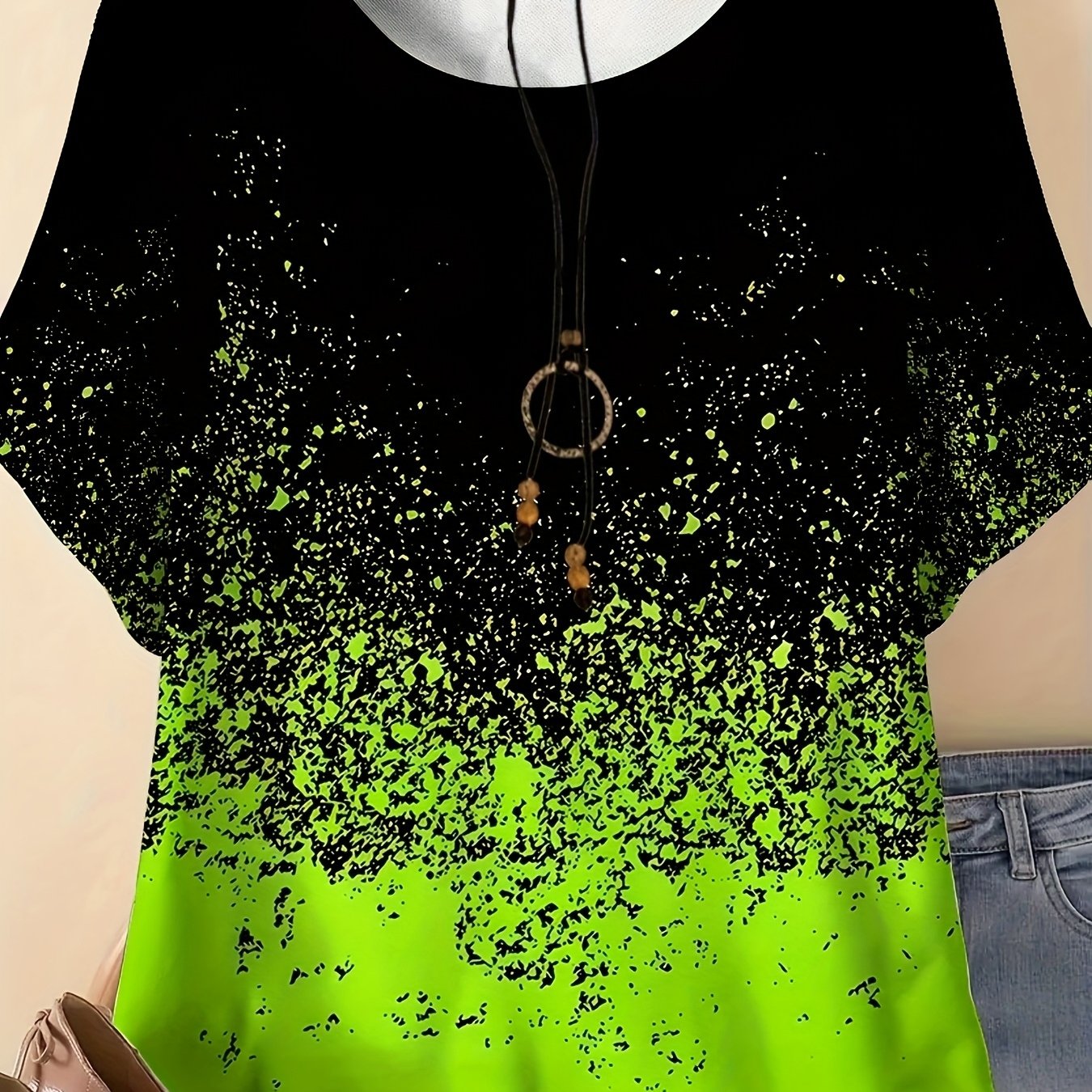 Plus Size, Plus Size Casual Vacation Comfortable Elegant Style Black And Green Printed Pattern Women's Round Neck Short Sleeve T-shirt