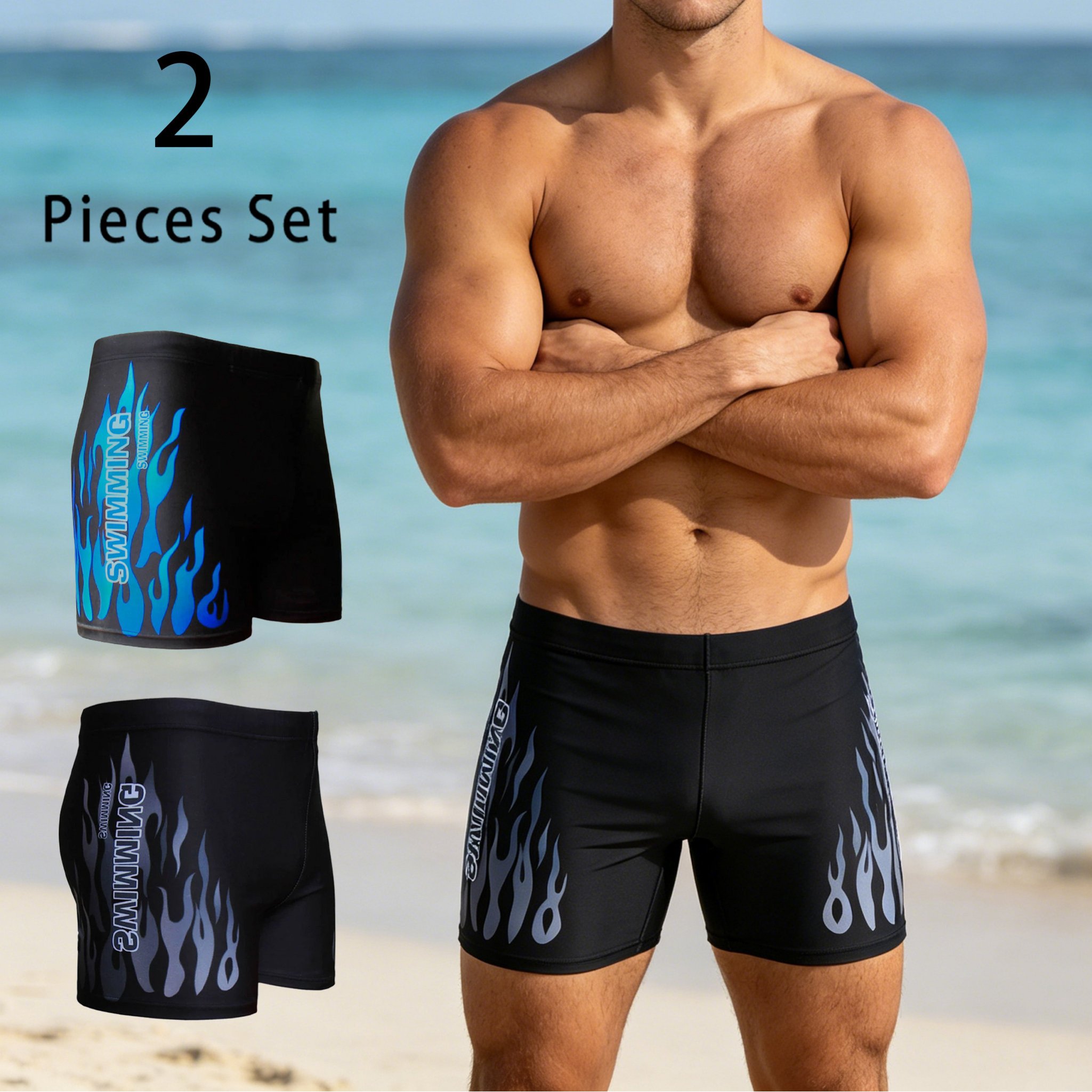 Image of 2pcs Men's Swim Trunks, Quick-drying, Breathable, Lightweight, Stretchy, , Suitable For Swimming, Surfing, And Vacation Wear At The Pool And Beach, Plus Size