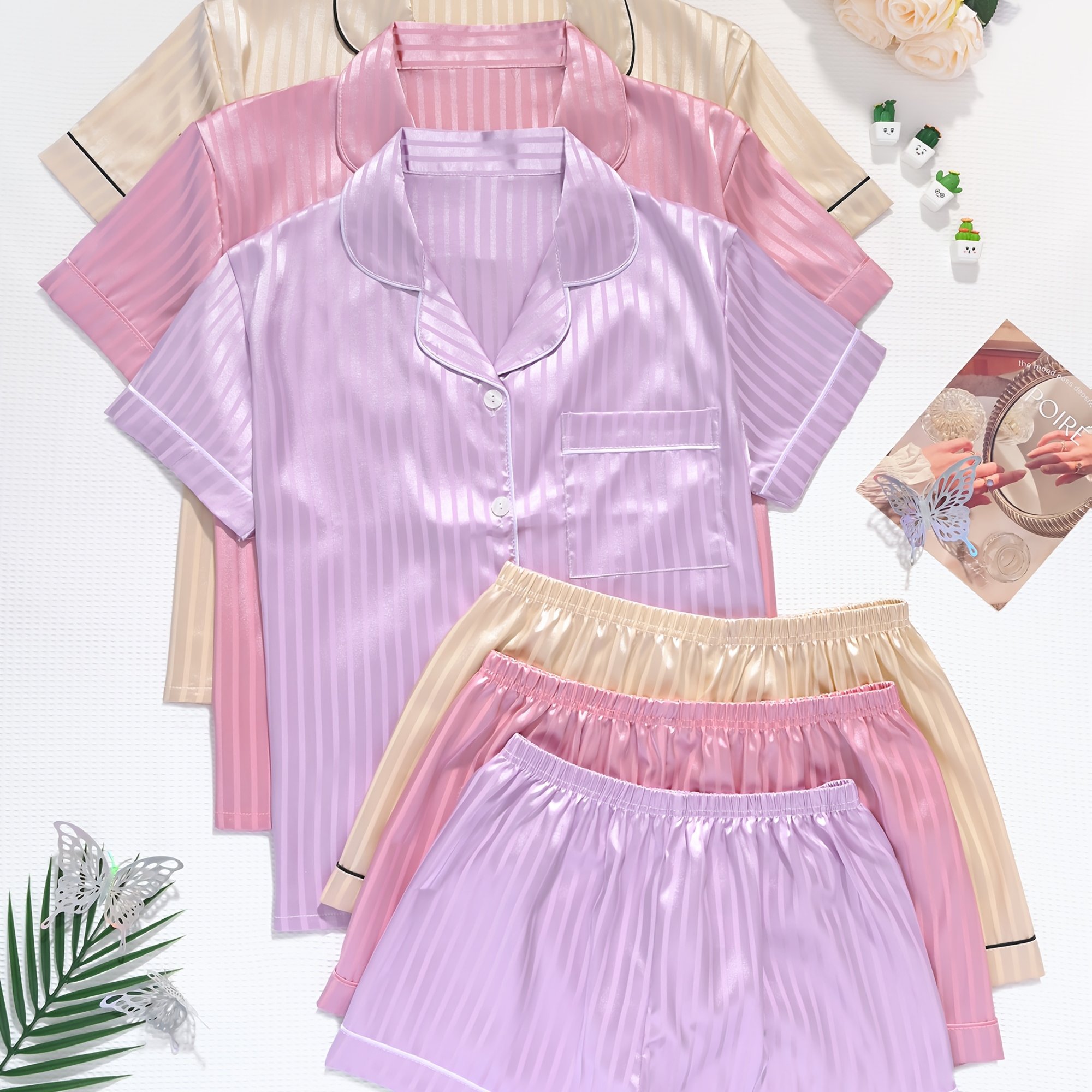 TEMU Summer Women' Color Satin Jacquard Striped Multi-piece Set With Lapel And Trim Pajamas