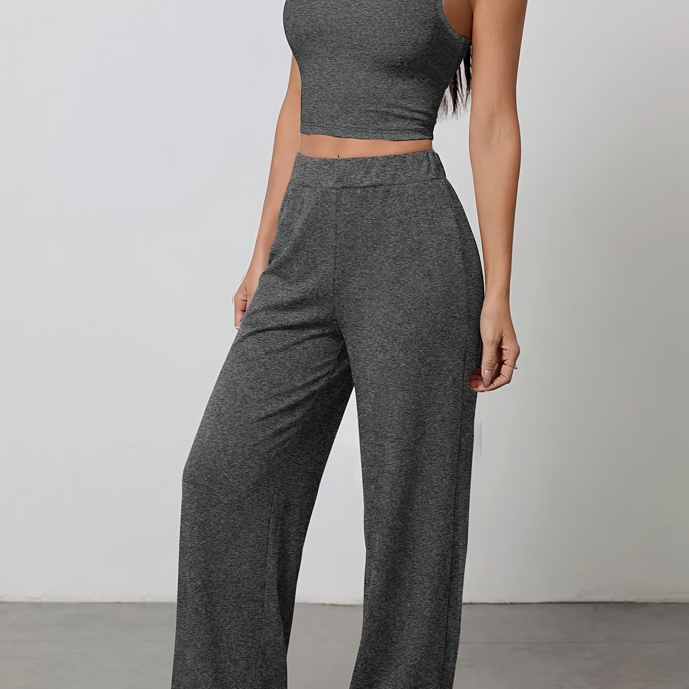 TEMU Women's Fashion Solid Top And Suspender Pants Set, 2pcs Outfit For Women