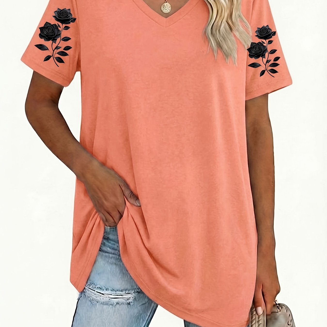 TEMU Plus Size Women's V-neck Short-sleeved T-shirt, Casual, Daily, Commuting, Versatile, Tummy, Floral Print, Age-reducing