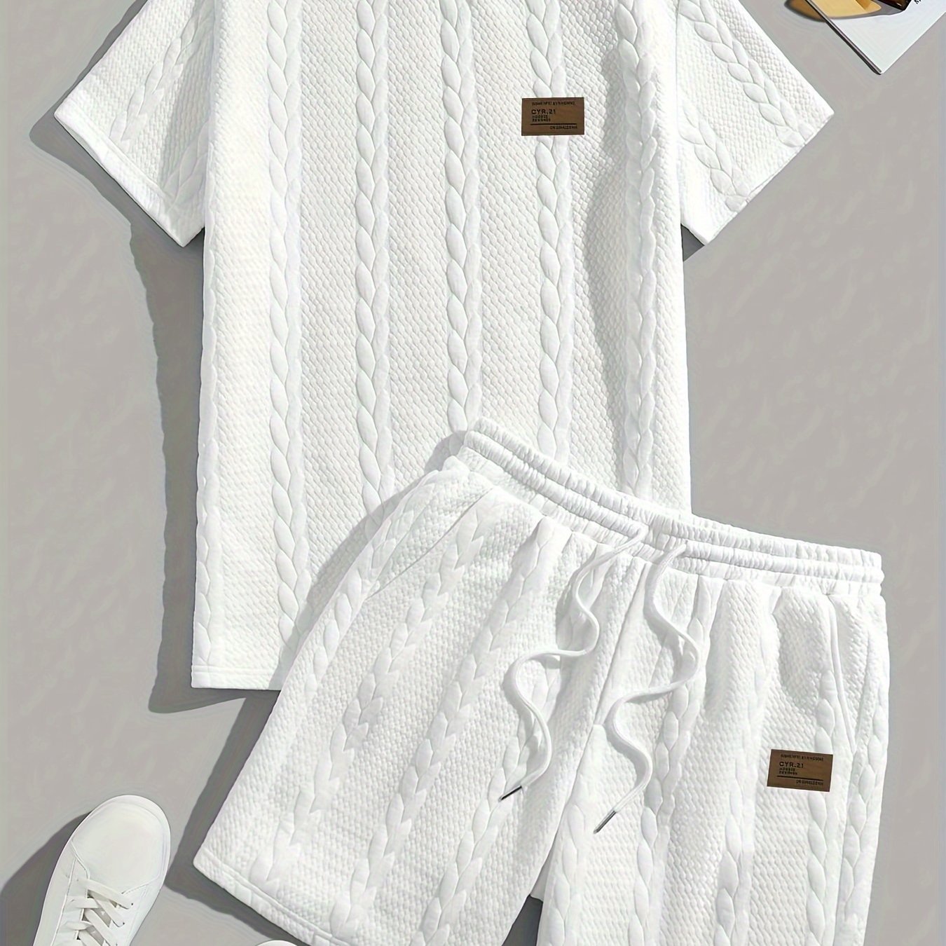 Men's Wheat Ear Pattern Heavyweight Solid Color Round Neck Short Sleeve Drawstring Shorts Set