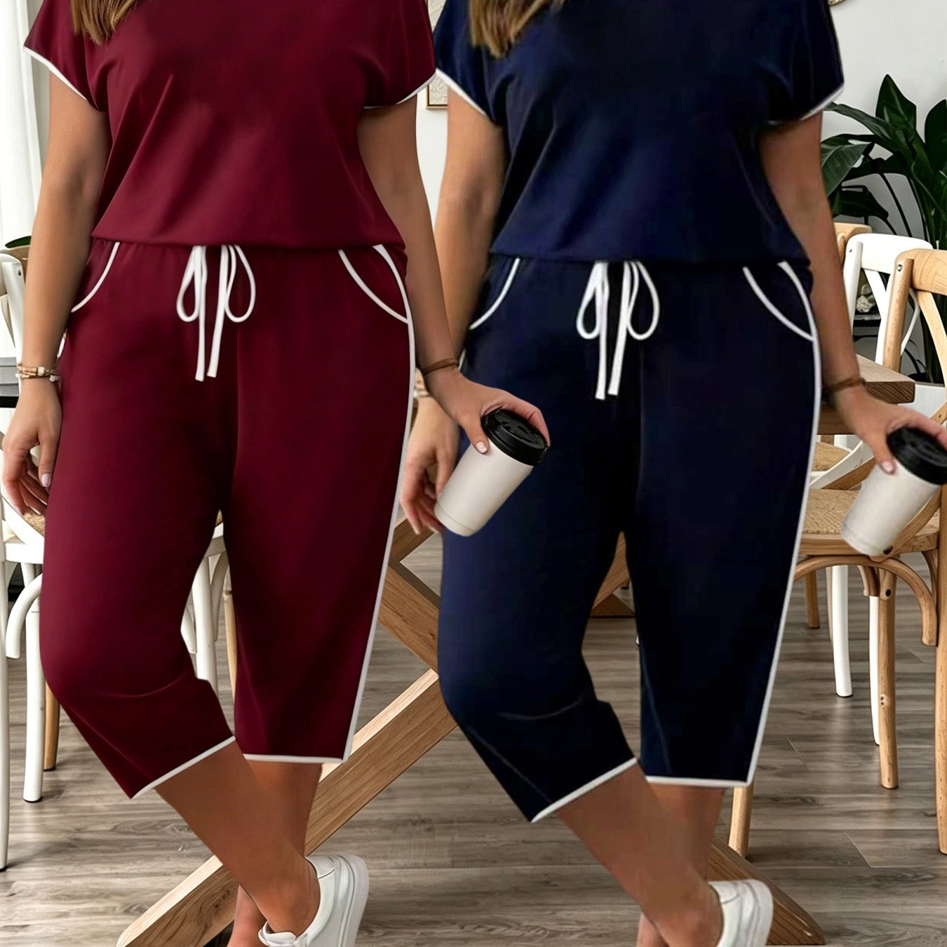 TEMU Plus Size, 2pcs Set For Plus Size Women: Casual And Elegant Short-sleeve T-shirt With Binding Stripes And Mid-length Pants. Versatile For And
