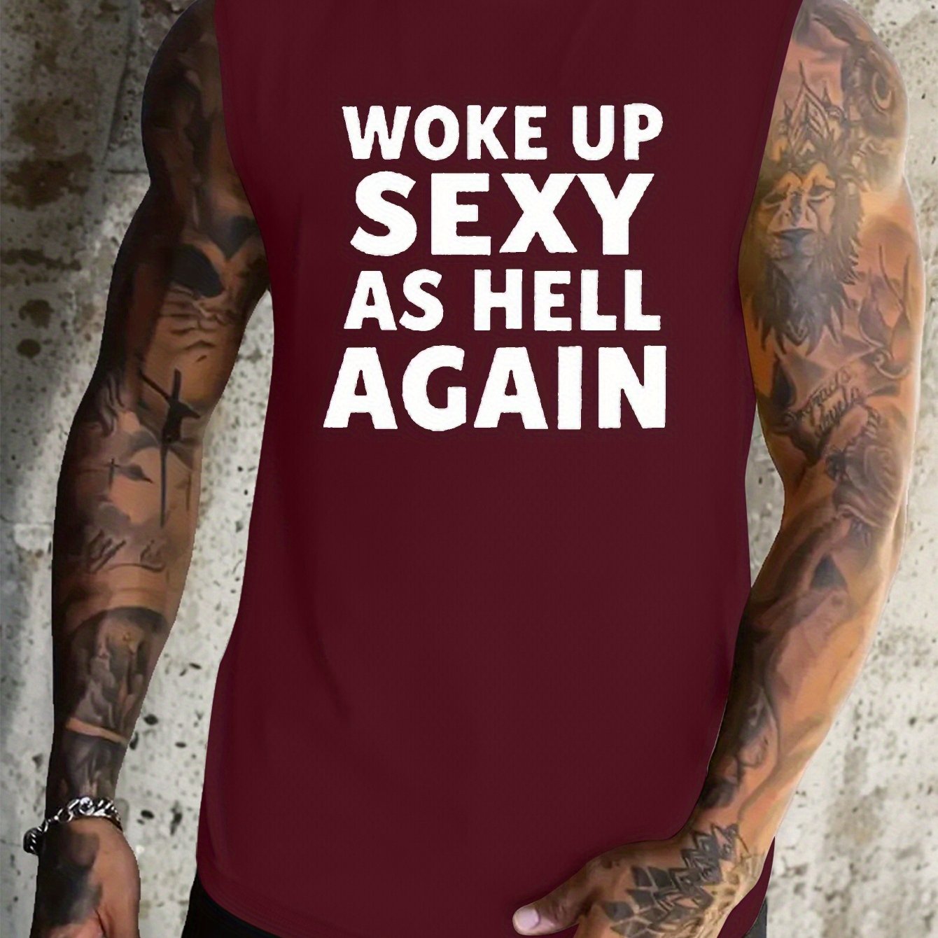 TEMU [printed Design - Not Textured] Men's Plus Size " And Sexy" Tank Top - Red, Athletic Sleeveless Vest With White Lettering, Lightweight And