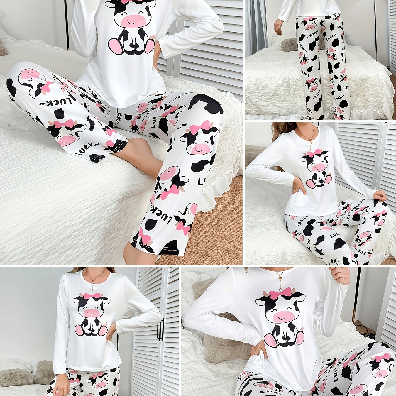 TEMU Women's Pajama And Loungewear 2pcs Set, Spring Summer Autumn Casual Sleepwear, Wear, Cow Print Pajama Set, Loose Round Neck Long Sleeve Top And