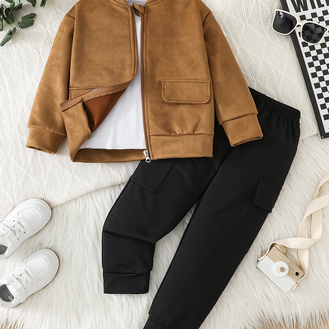 Boys Spring Autumn New Jacket Set, Cool Zippered Jacket Top Casual Easy All- Cargo Pants 2pcs Set, For Outdoor