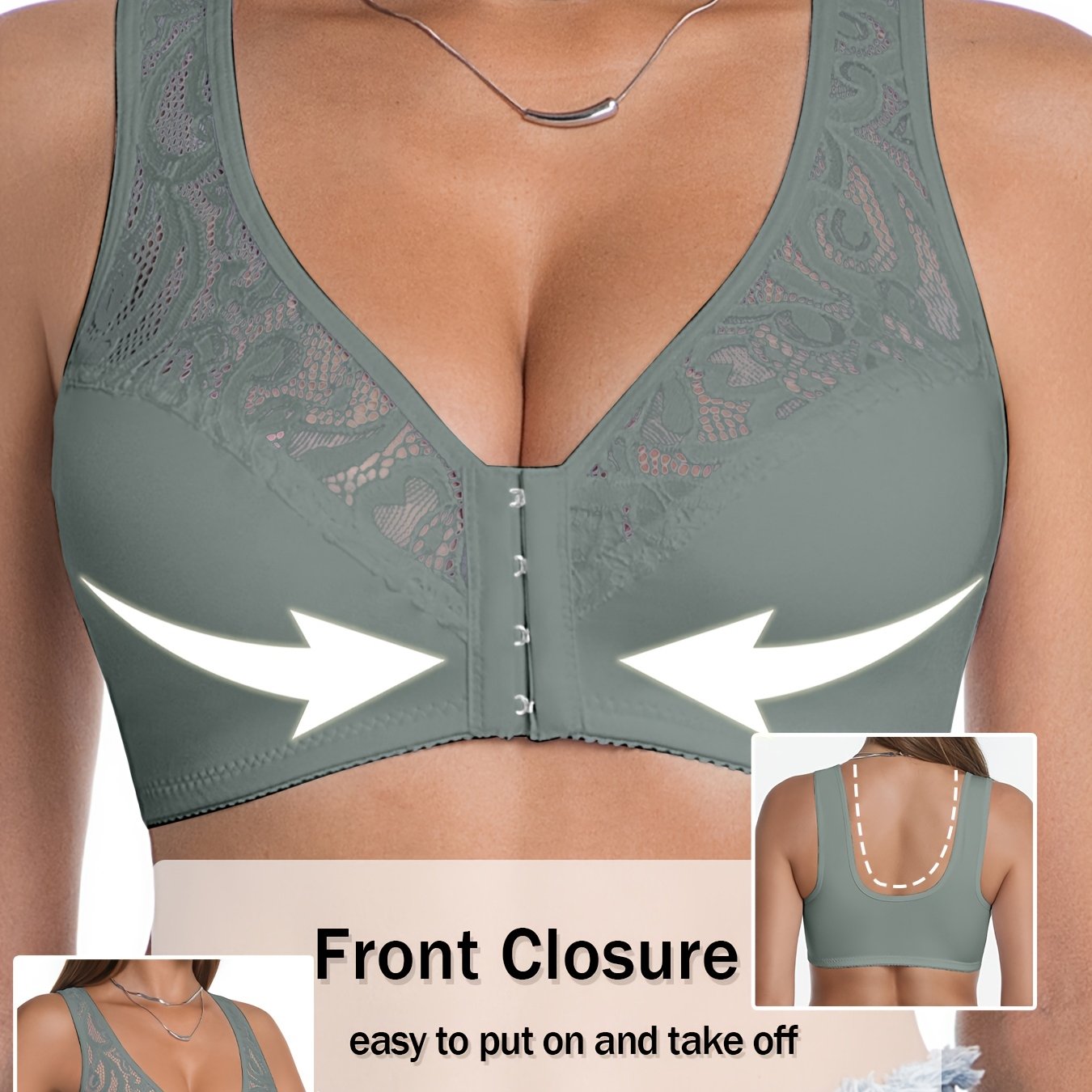 1pc, Comfortable And Breathable Front-clasp Bra, Spring/summer, Seamless Skin-friendly Fabric, Lace-trimmed Straps, Non-padded Daily Bra
