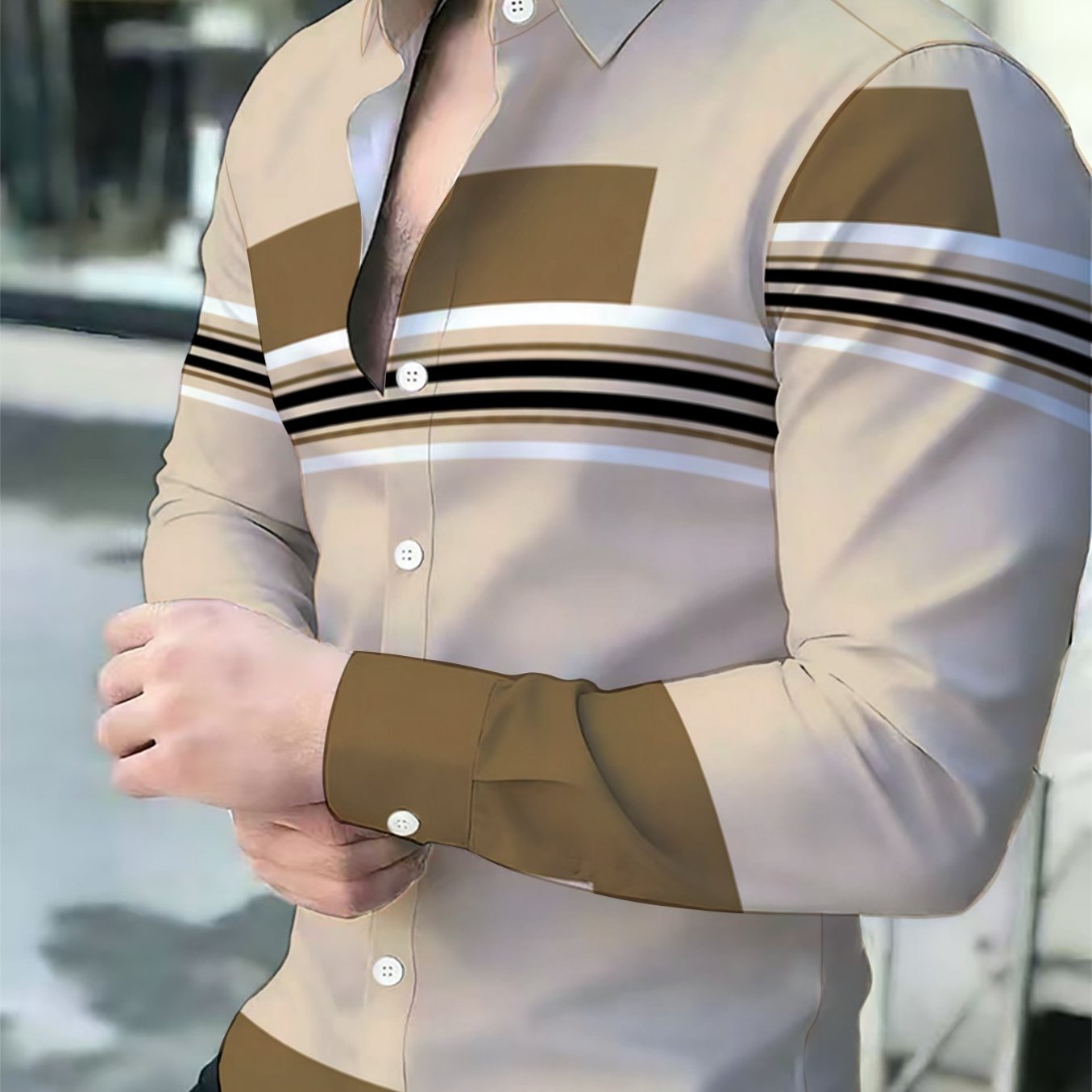 TEMU 남성 프린트 긴팔 셔츠, 패셔너블 슬림핏 비즈니스 캐주얼, 간편하고 우아한 봄/여름 상의, 트렌디한 컬러 블록 출퇴근용 다용도