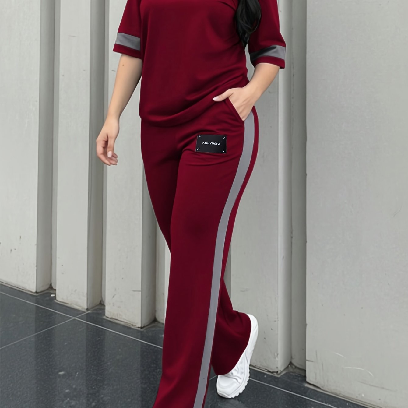 Image of Women's New Elegant Casual Round Neck Short Sleeve Color Block Comfortable T-shirt And Casual Comfortable Long Pants Two-piece Set