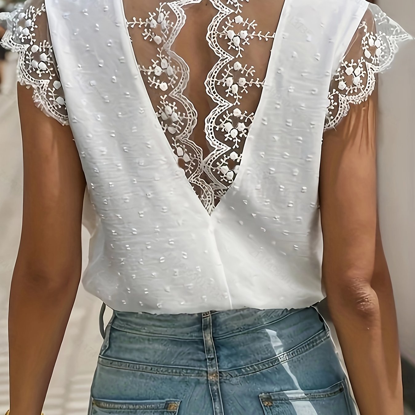 New Women's V-neck White Elegant Lace Splicing Top Ll169