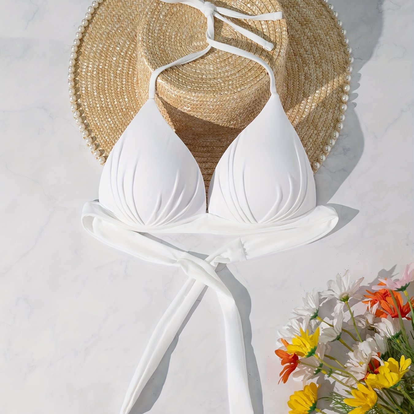 Women's Summer Beach Halter Neck Low-cut Bikini Top With Detachable Tie, Push-up, Wireless, Beach Accessory