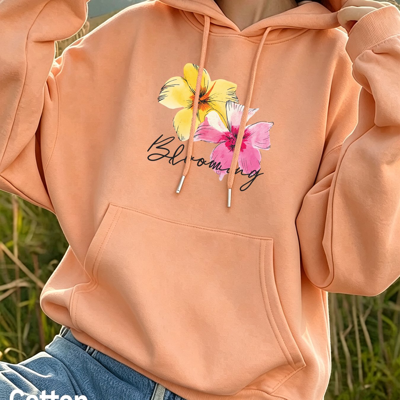Image of Autumn Women's Fashionable Loose Drop-shoulder Hoodie With Floral Print And Blooming Text, Warm Comfortable Casual Fit For Daily Leisure, With Pocket And Drawstring Design, Casual Pullover Jacket