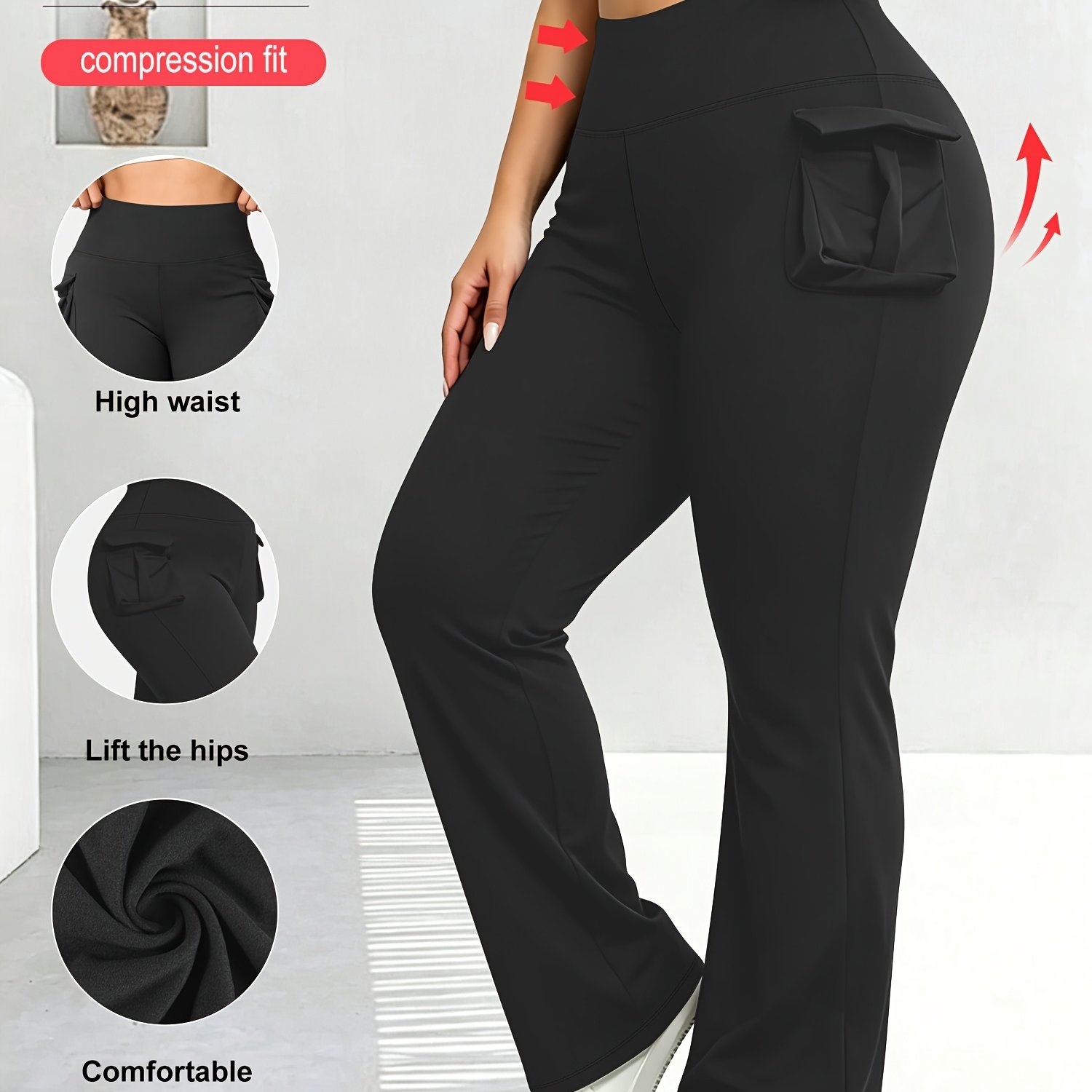 TEMU Plus Size, Fashion Flared Workwear Pants | High-waisted Stretch Pocket Flared Pants Style Women's Workwear-inspired Leggings Leisure And