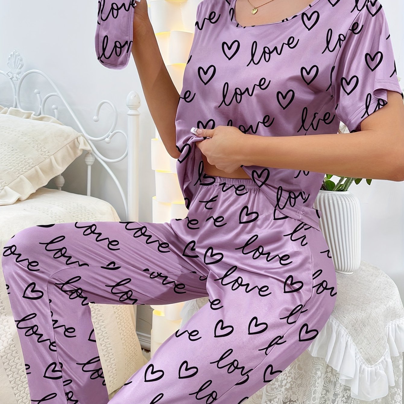 Cute Letters Love Print Pajamas Set Casual Short Sleeve Top - Temu United  Kingdom