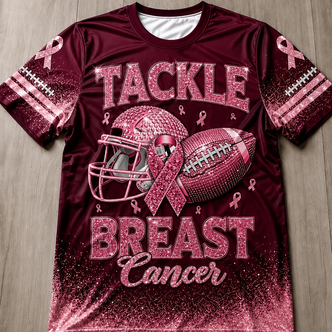 TEMU Printed Design – Non-textured Men's Breast Awareness Items Football Graphic T-shirt, Pink Ribbon, Short Sleeve, Crew Neck, Lounge Tee