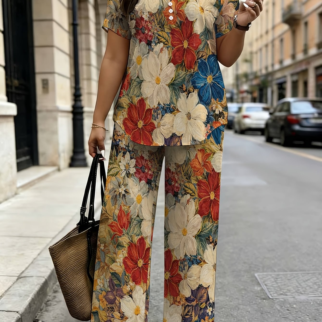 Image of Women's Fashion 2pcs Set, Vintage Oil Painting Style Colorful Large Floral Print V-neck + Faux Button Short-sleeved Top With Wide-leg Long Pants, Suitable For Daily And Casual .