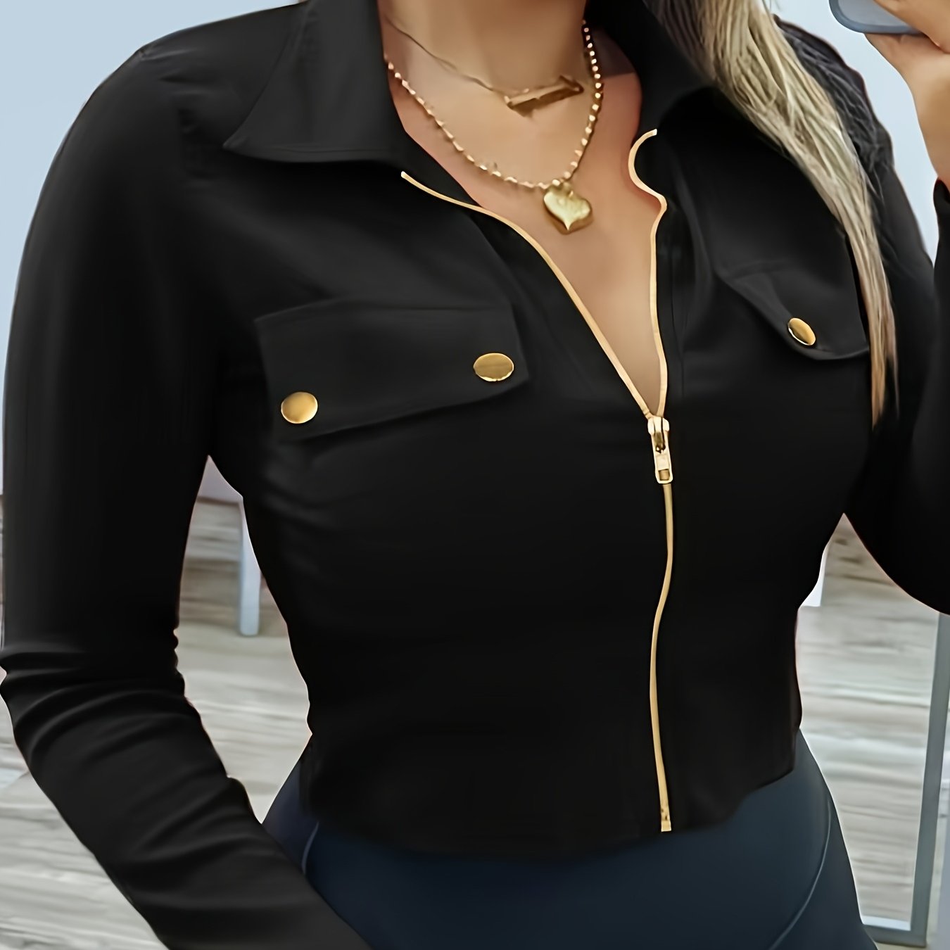 TEMU Women's Slim-fit Lapel Zip Casual Solid Long Sleeve Shirt