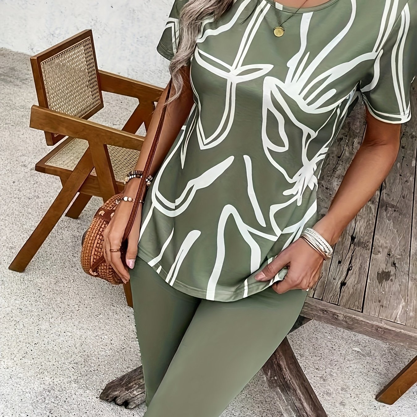 TEMU Ensemble deux pièces décontracté pour femmes, imprimé floral, haut à manches courtes et T-shirt tendance, coupe style confortable