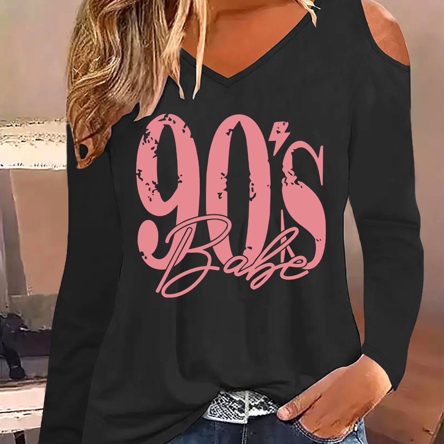 TEMU Letter Print T-shirt, Long Sleeve V Neck Casual Top For Spring & Fall, Women's Clothing