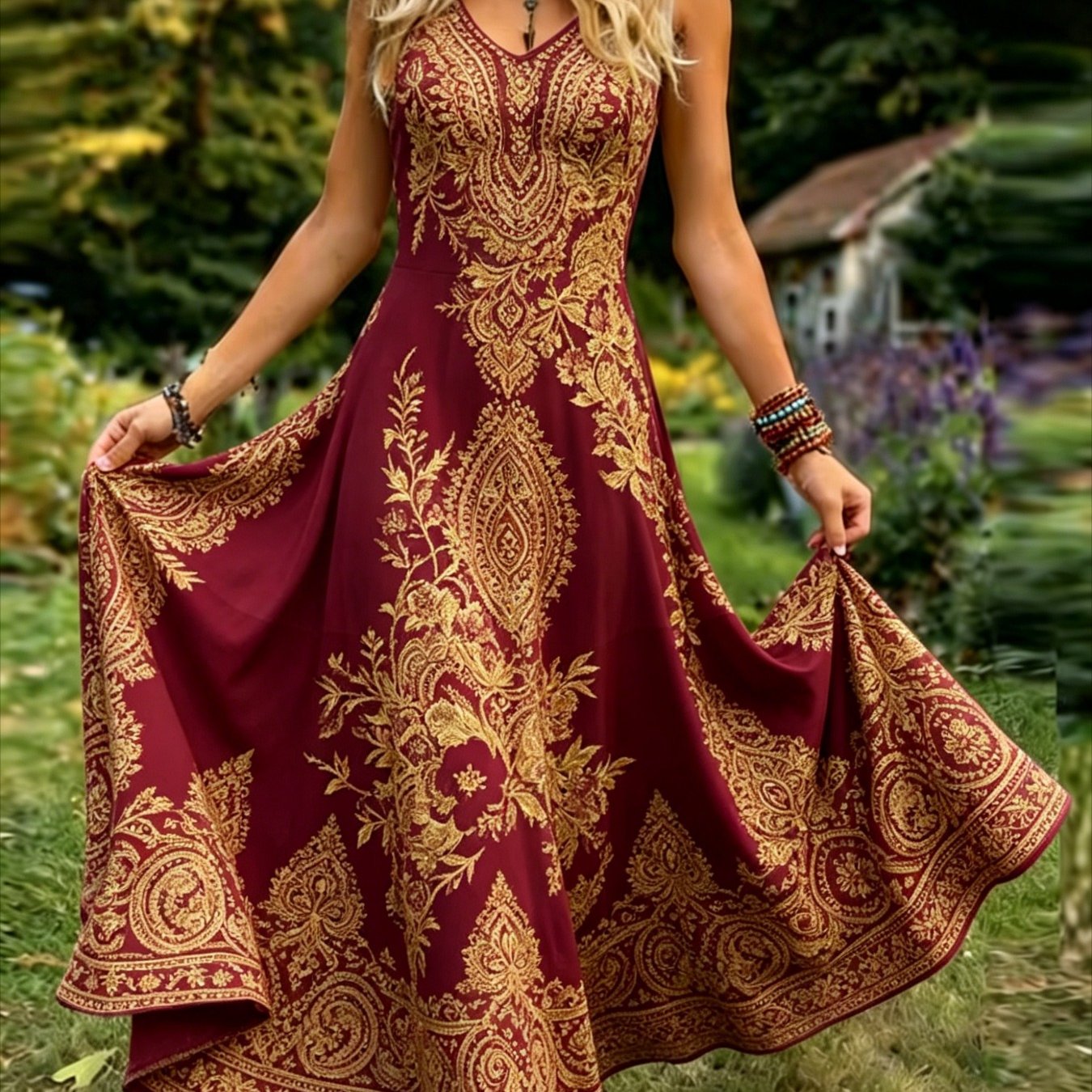 Plus Size, Women's Vintage-style Sleeveless Dress-an Elegant, Casual, Round-neck A-line Maxi Dress. Easy To Care For, Perfect For Daily Wear And Vacation Leisure.