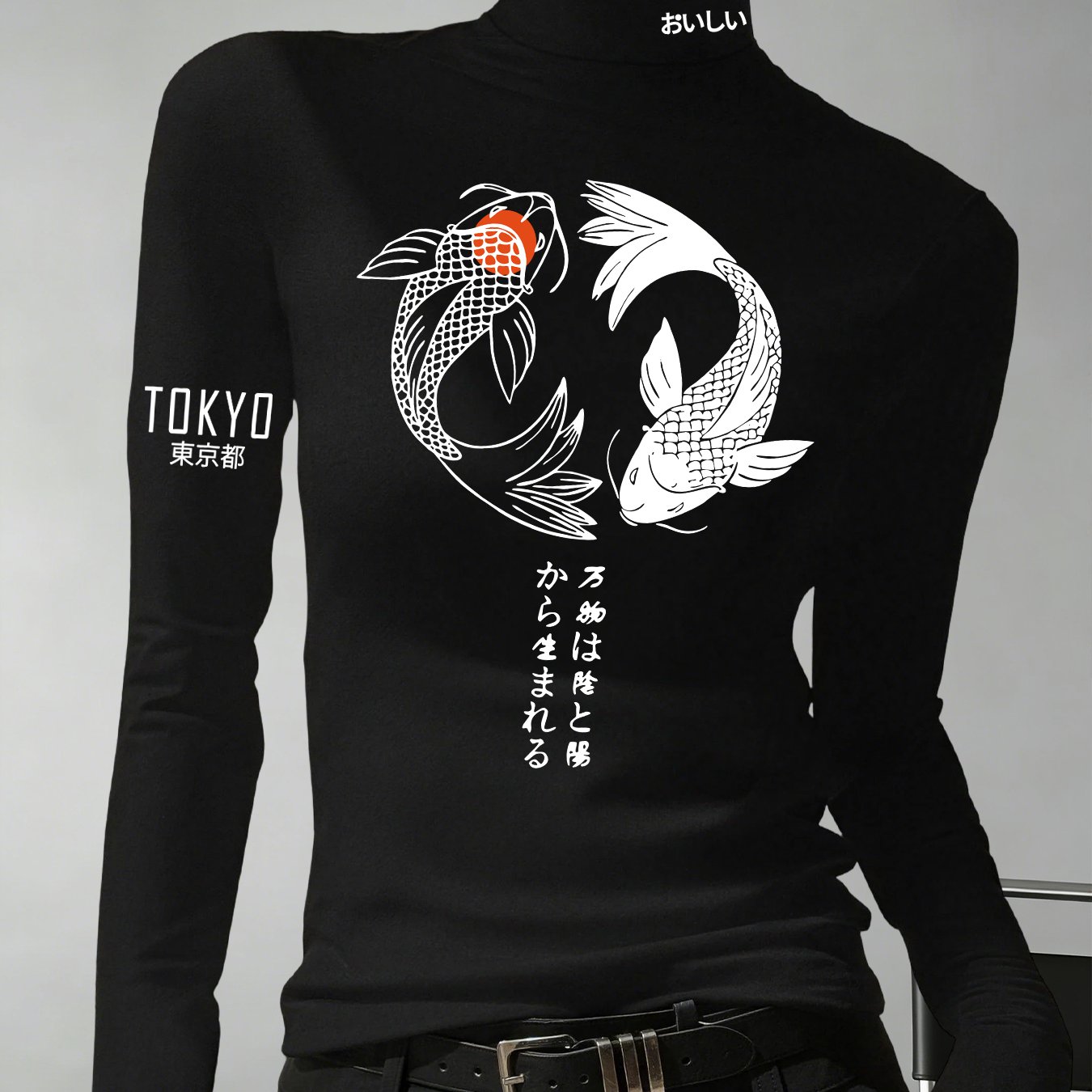 TEMU Y2k Koi Fish Print High Neck Base Layer Top For Women, Japanese-style Good Luck Inner Wear