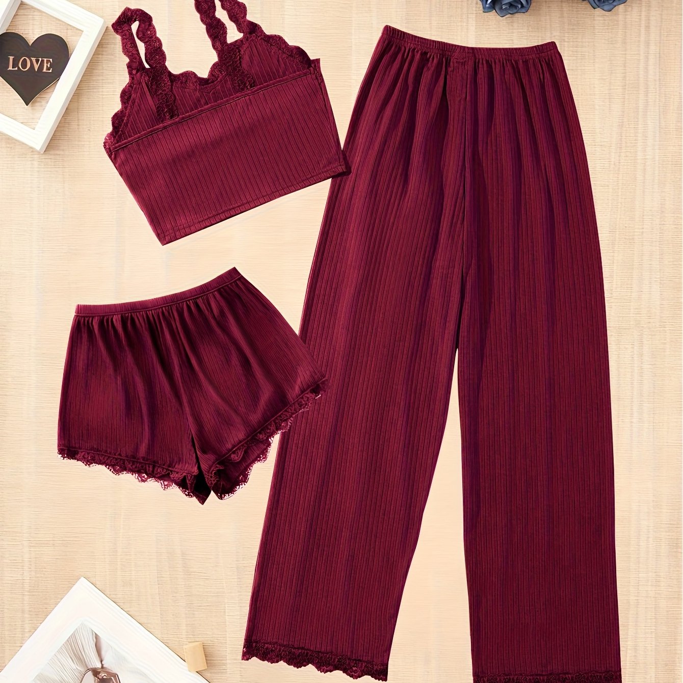 TEMU 3pcs Set, Random Colors, Women's Four-season Sexy Ribbed Lace Pajama Set, Camisole Top + Long And Short Pants, Pure Desire Style Loungewear Set